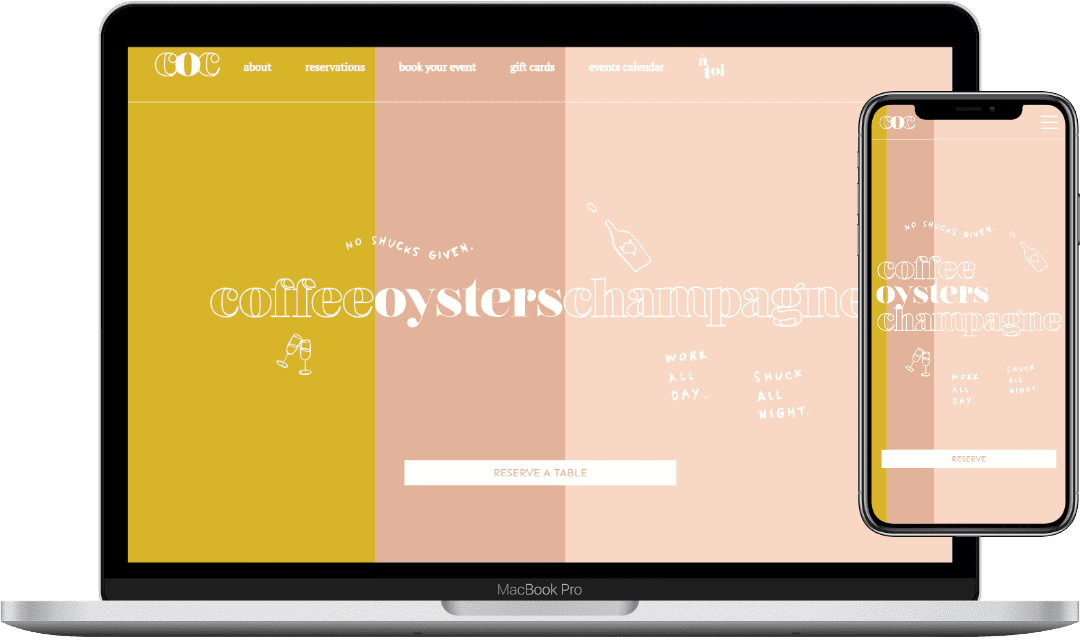 laptop and mobile mockup of Coffee Oysters Champagne