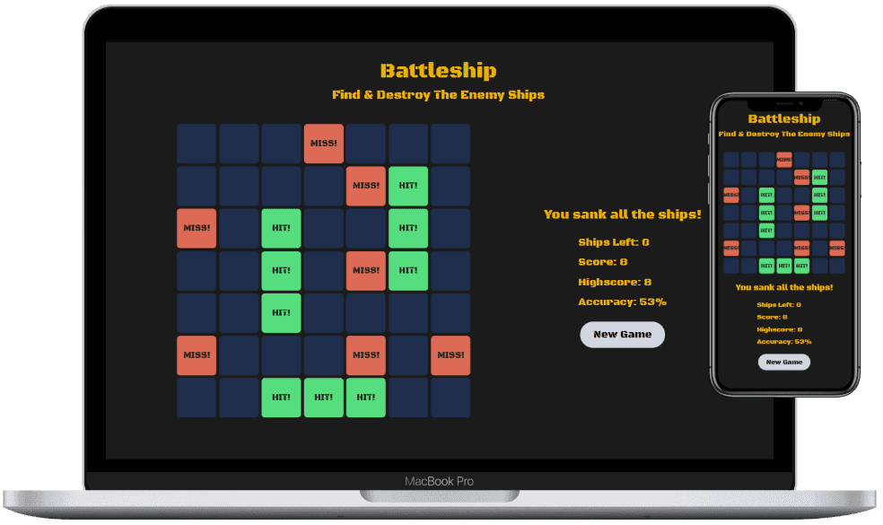 laptop and mobile mockup of Battleship game web app